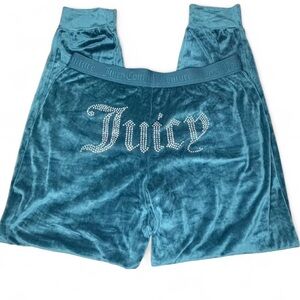 Juicy Couture Y2K Velour Jogger Pants Rhinestone Logo Blue Size M